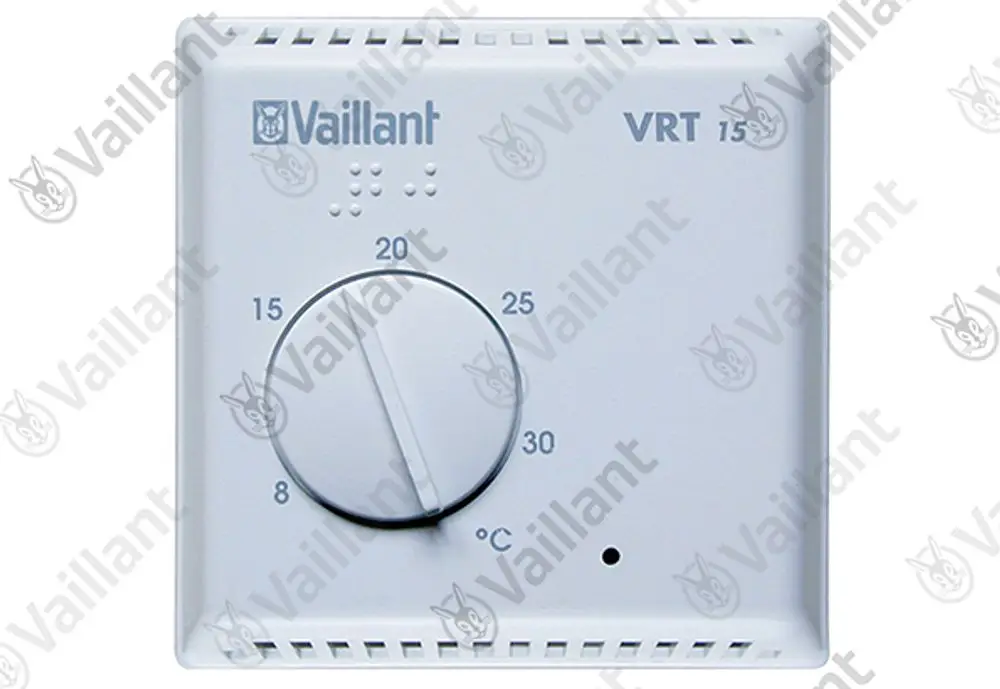 Vaillant Raumthermostat in Weiß mit Einstellknopf zur Temperaturregelung und Anzeige von Temperaturwerten in Celsius.